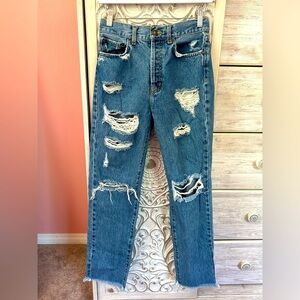 Carmar trashed distressed straight leg raw hem jeans size 25 button fly med.wash
